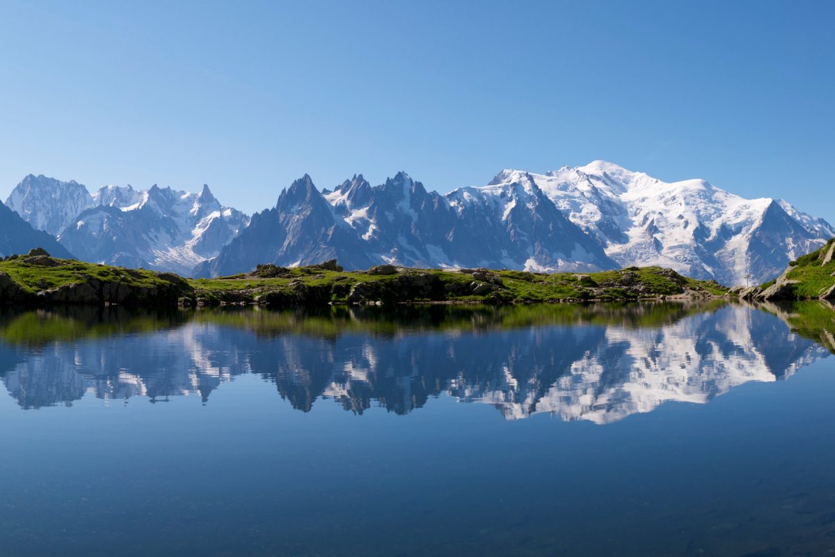 Mont Blanc reflected in Cheserys Lake, Mont Blanc Massif, Alps, France